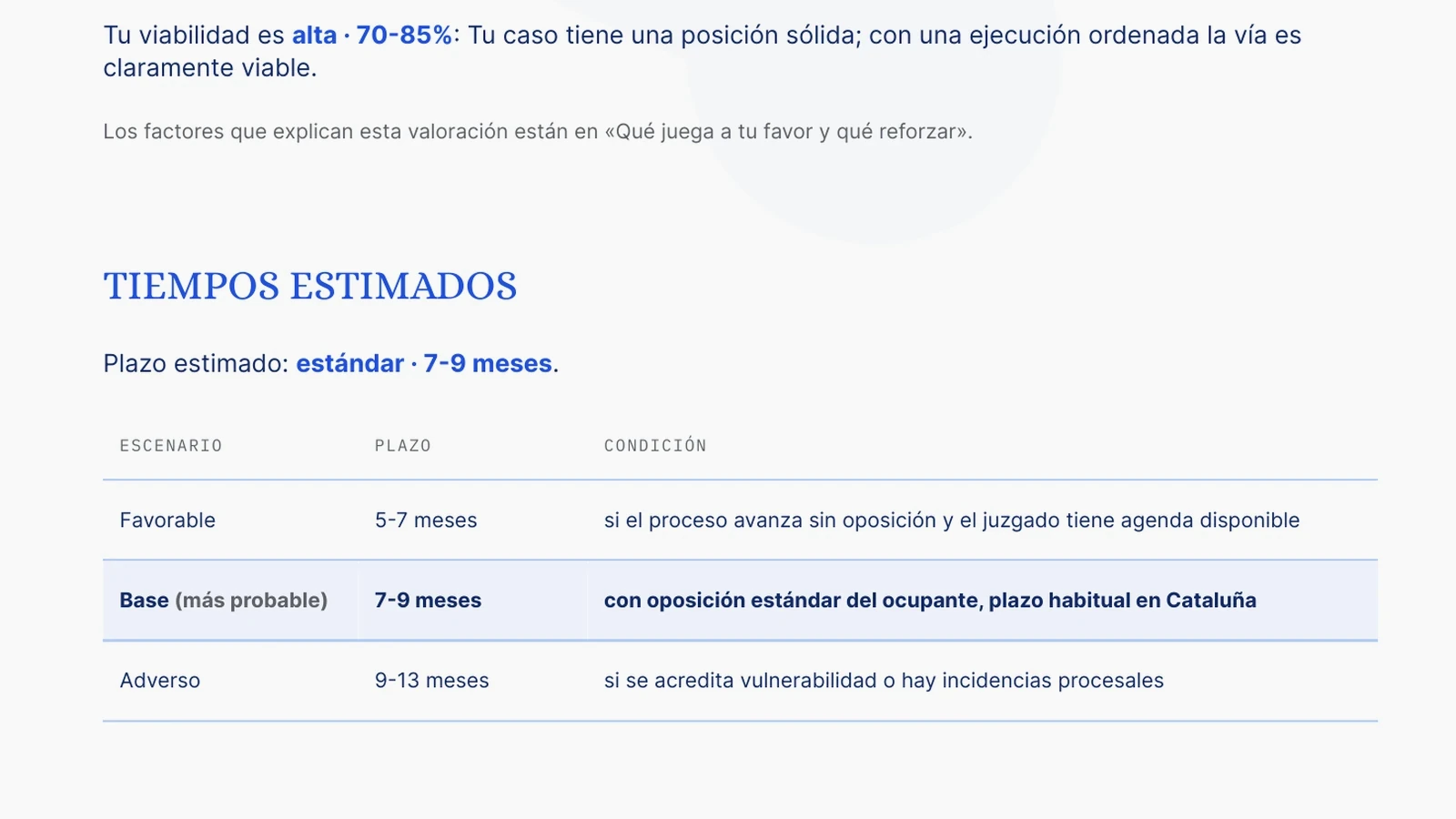 Sección de tiempos estimados del informe con tres escenarios: favorable, base y adverso