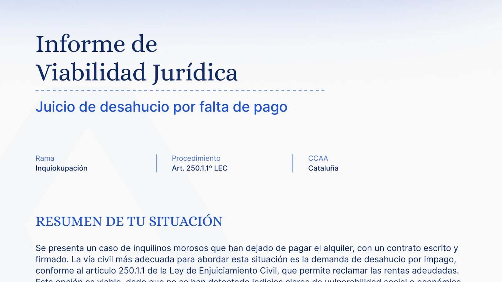 Portada del informe de viabilidad con la rama jurídica, el procedimiento aplicable y la comunidad autónoma
